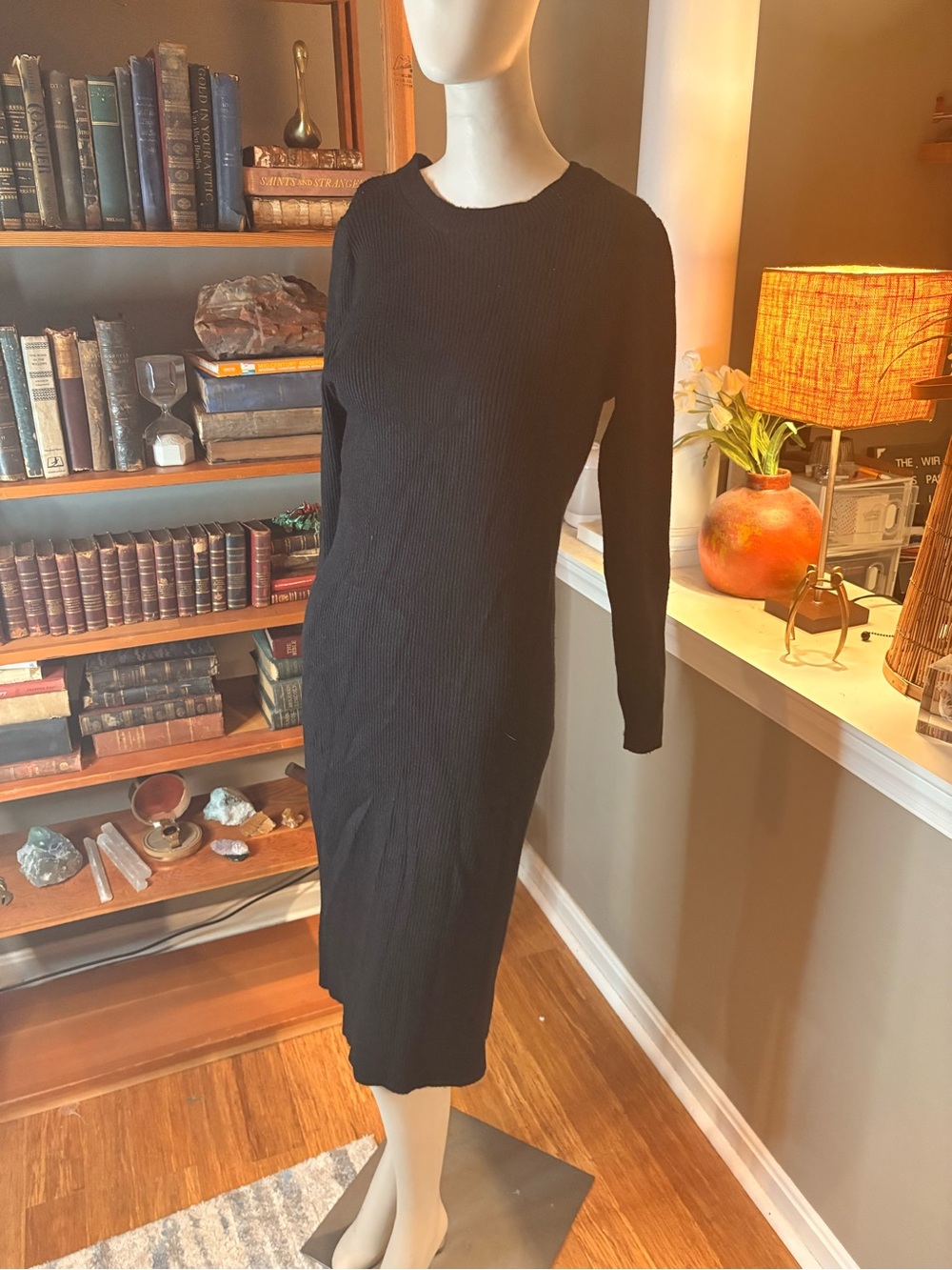 Nine West Black Long-Sleeve Ribbed Midi Dress